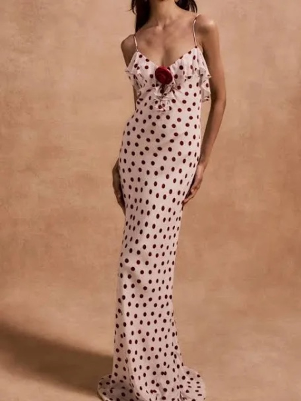 White Polka Dot Slip Dress with Red Rosette